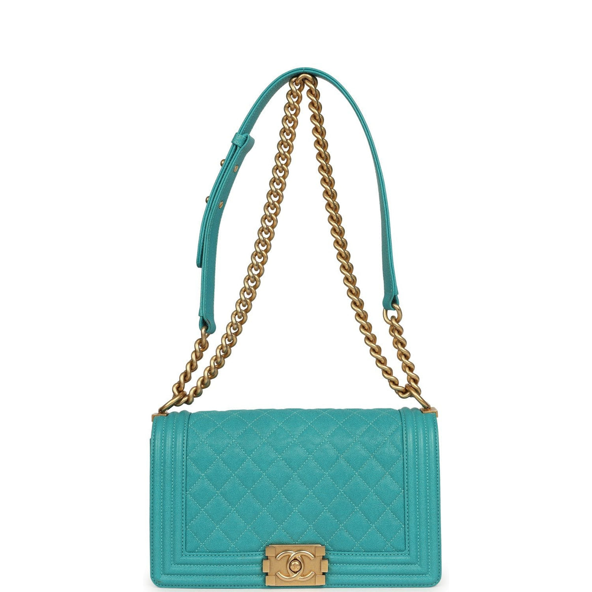 Pre-owned Chanel Medium Boy Bag Turquoise Caviar Antique Gold Hardware