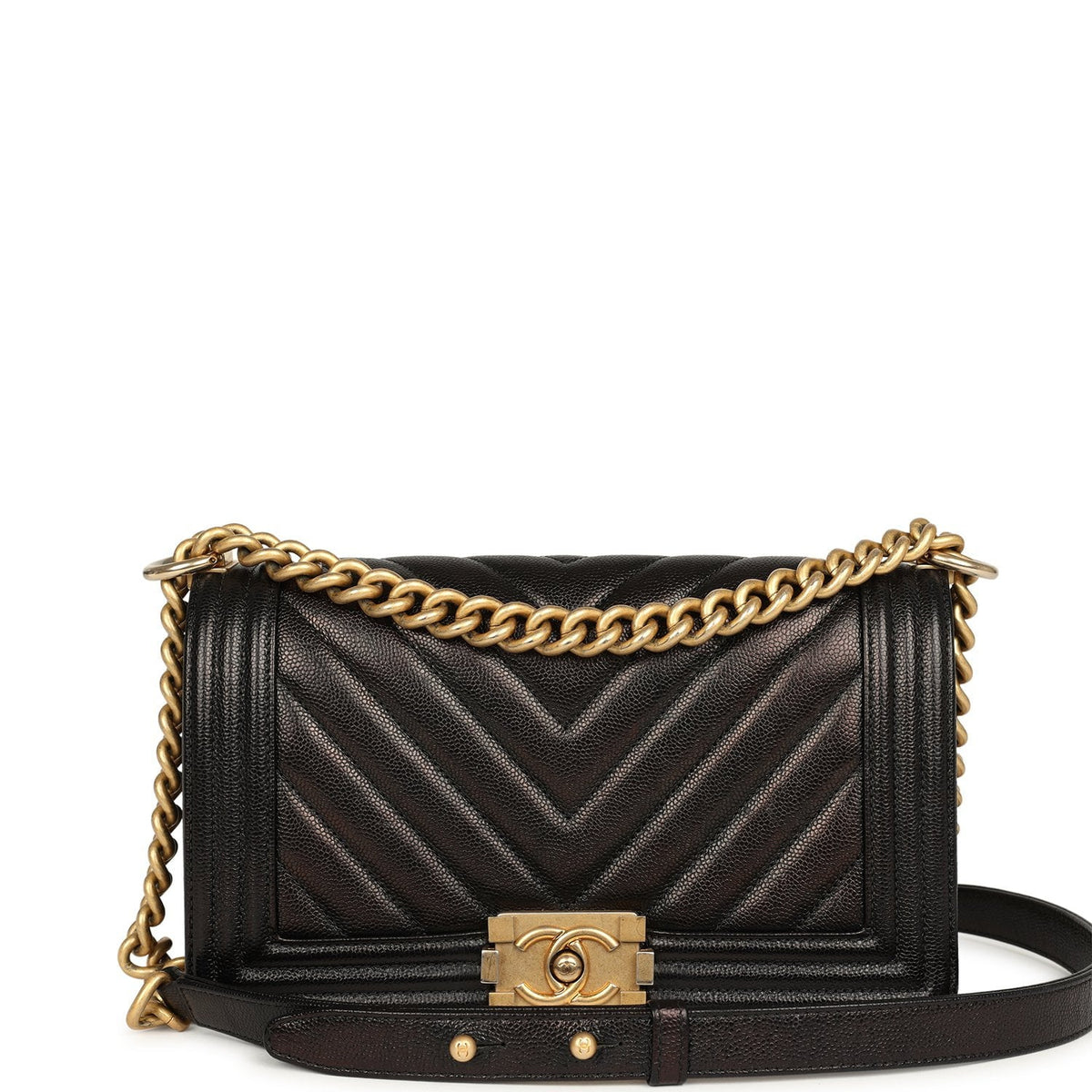 Pre-owned Chanel Medium Chevron Boy Bag Black Caviar Antique Gold Hardware