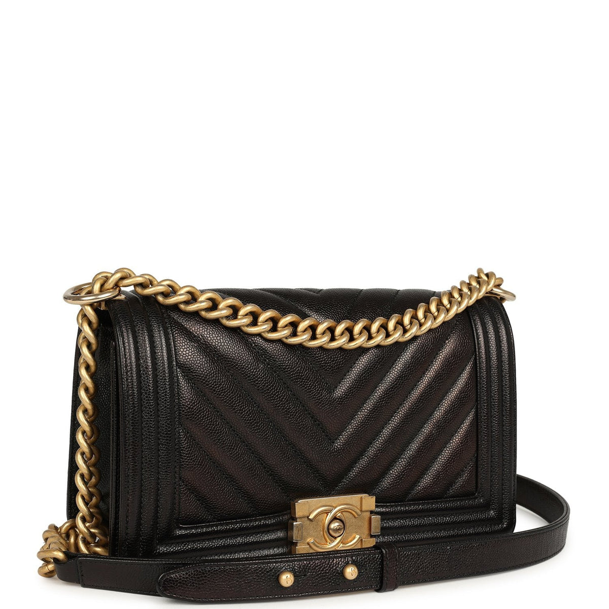 Pre-owned Chanel Medium Chevron Boy Bag Black Caviar Antique Gold Hardware