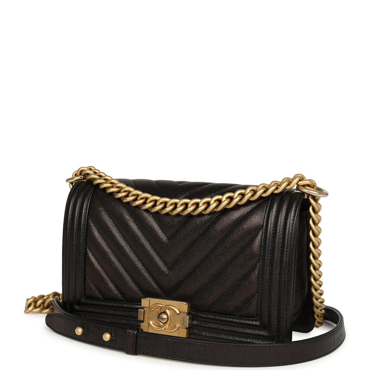 Pre-owned Chanel Medium Chevron Boy Bag Black Caviar Antique Gold Hardware