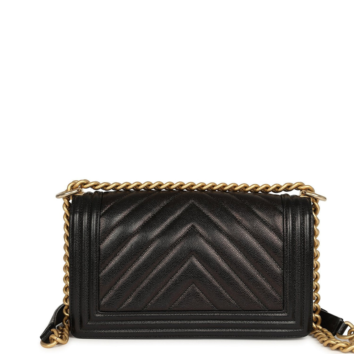 Pre-owned Chanel Medium Chevron Boy Bag Black Caviar Antique Gold Hardware