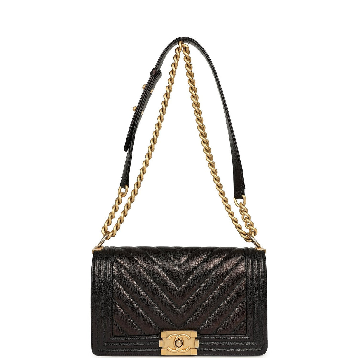 Pre-owned Chanel Medium Chevron Boy Bag Black Caviar Antique Gold Hardware