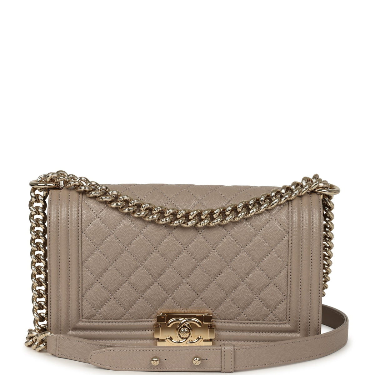 Pre-owned Chanel Medium Boy Bag Dark Beige Shiny Caviar Light Gold Hardware