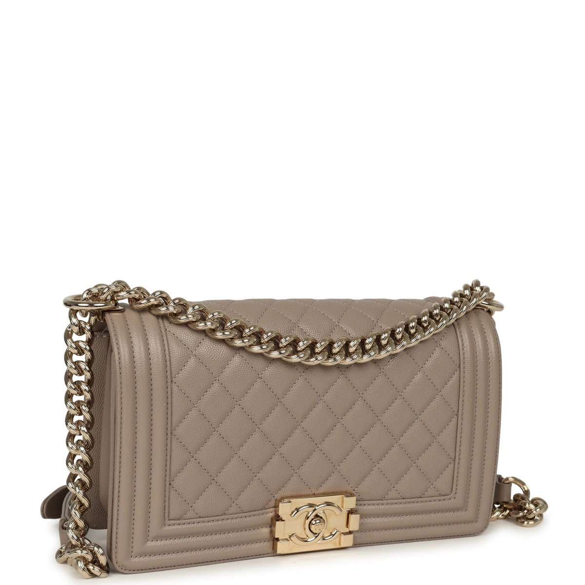 Pre-owned Chanel Medium Boy Bag Dark Beige Shiny Caviar Light Gold Hardware