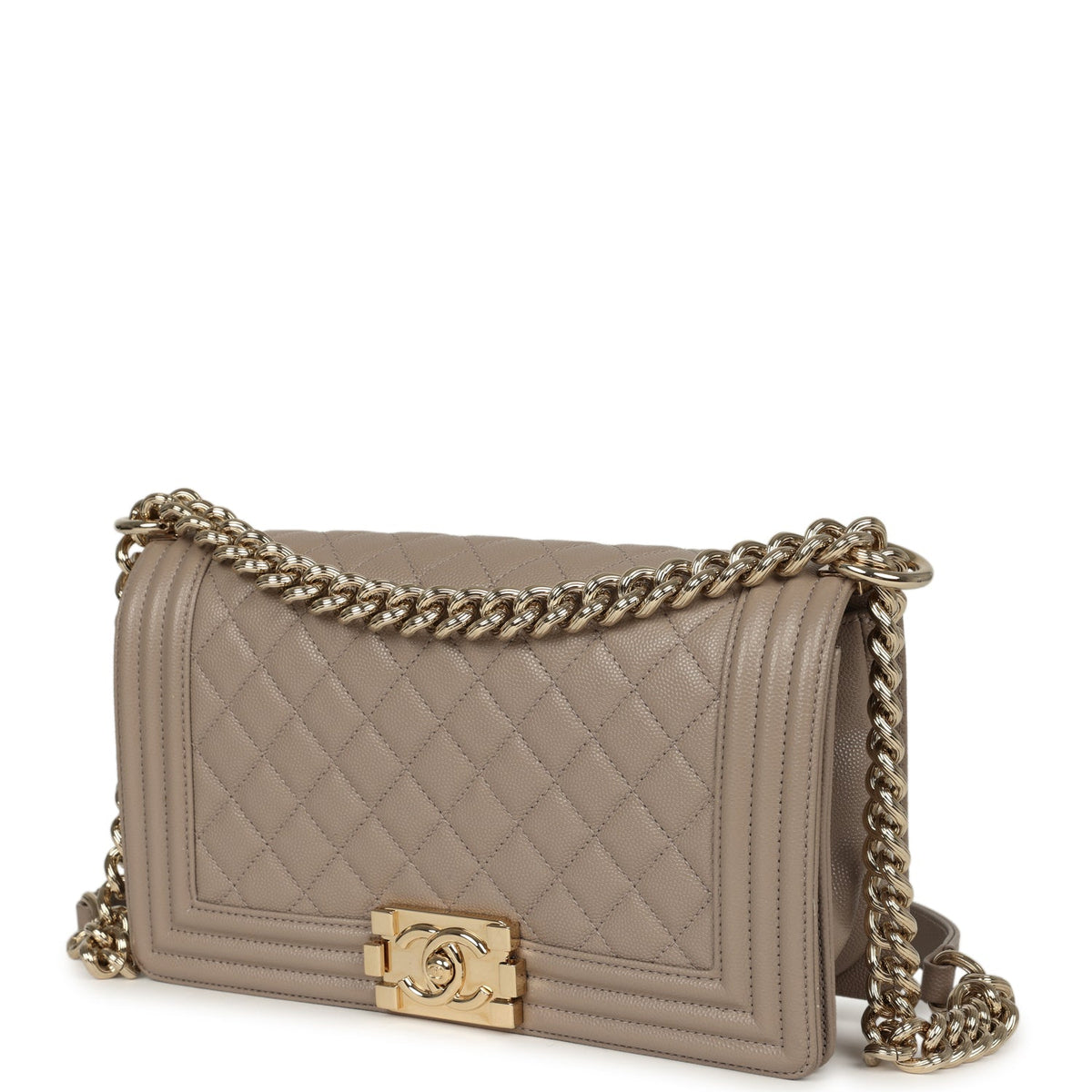 Pre-owned Chanel Medium Boy Bag Dark Beige Shiny Caviar Light Gold Hardware