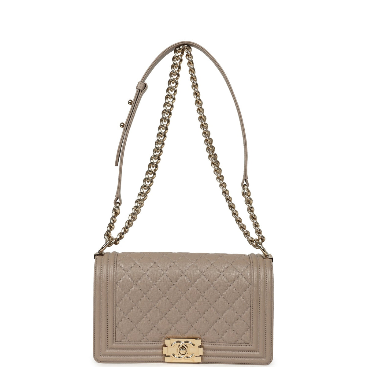 Pre-owned Chanel Medium Boy Bag Dark Beige Shiny Caviar Light Gold Hardware