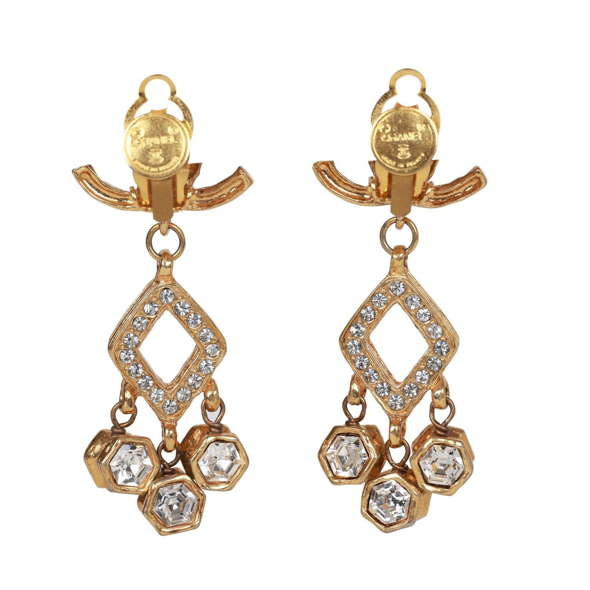 Vintage Chanel 24K Gold Plated Textured CC and Rhinestone Chandelier Clip Earrings