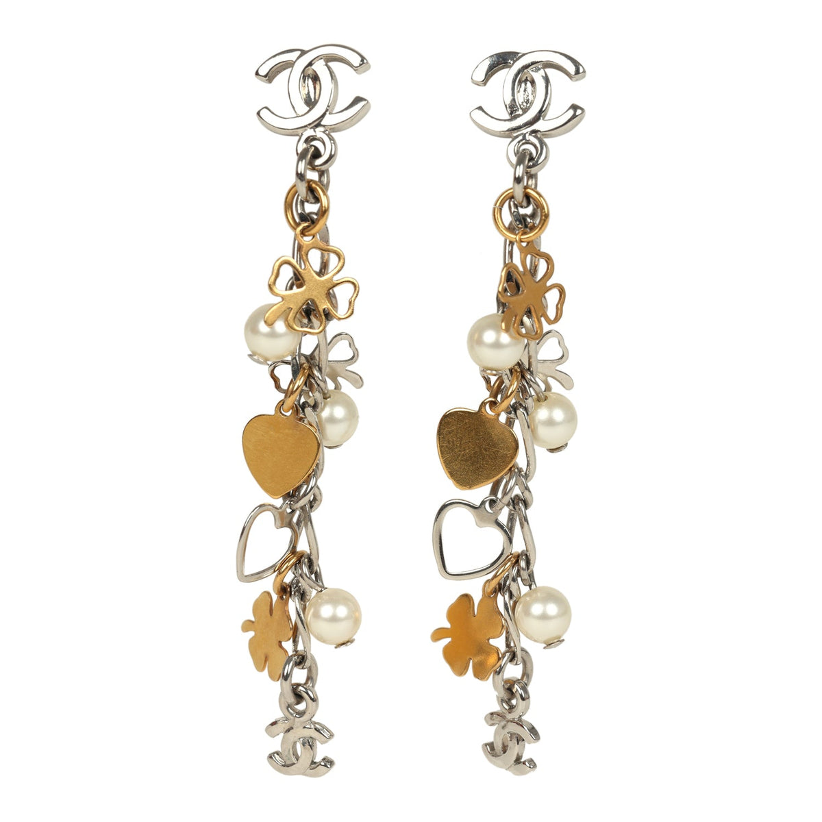 Pre-owned Chanel CC Clovers & Hearts Dangle Earrings Mixed Metal Hardware