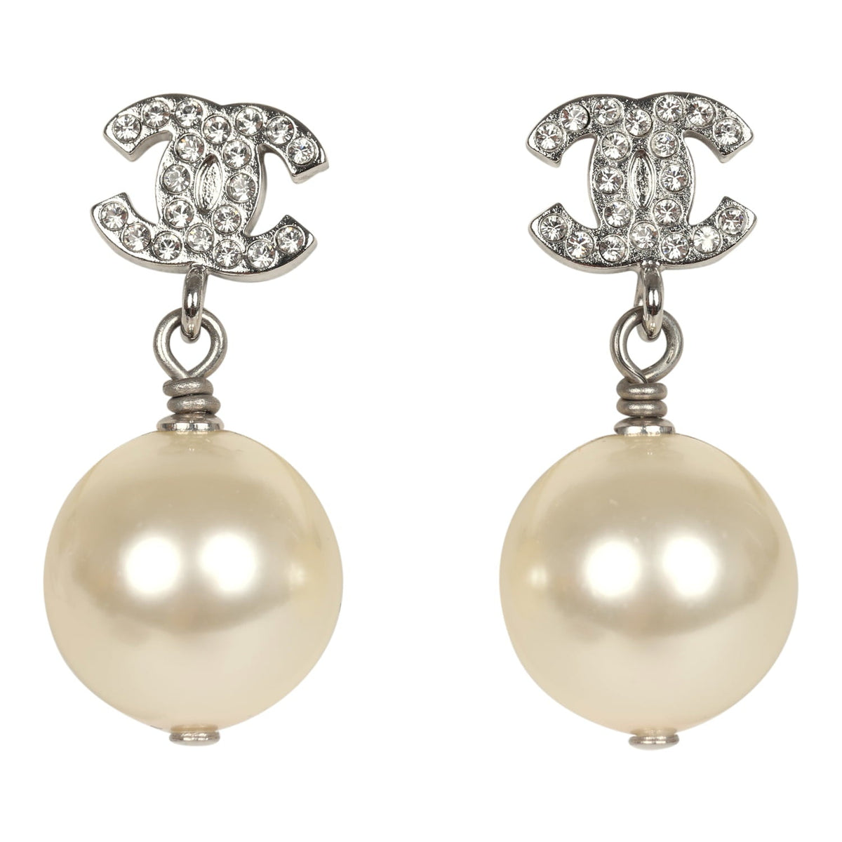 Pre-owned Chanel Small Crystal CC Pearl Drop Earrings Silver Tone Metal