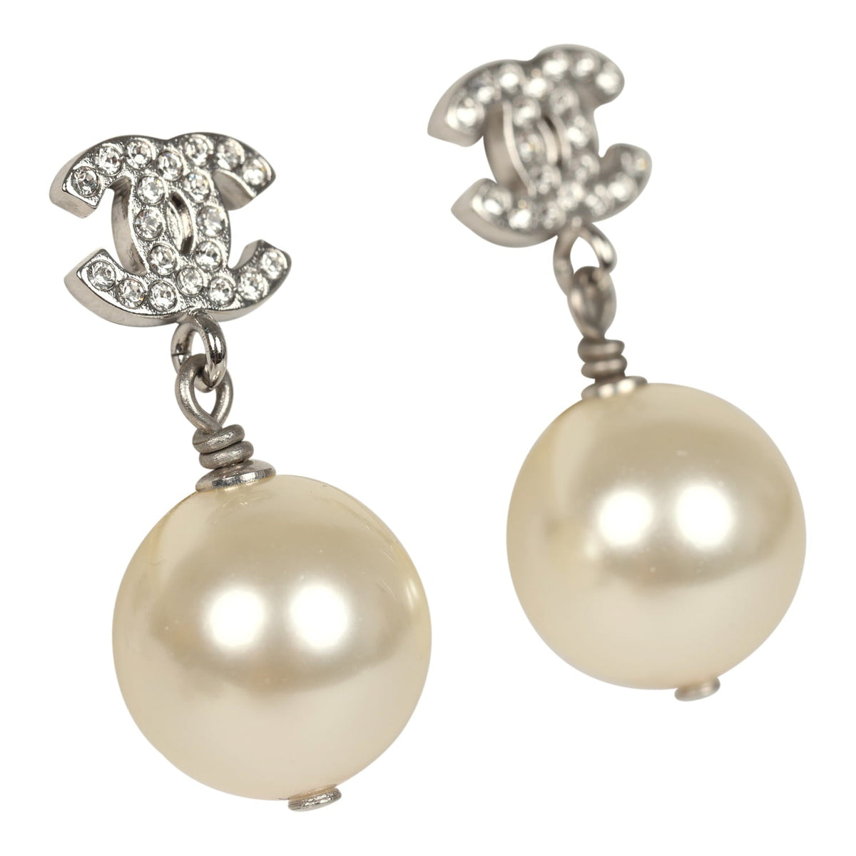 Pre-owned Chanel Small Crystal CC Pearl Drop Earrings Silver Tone Metal