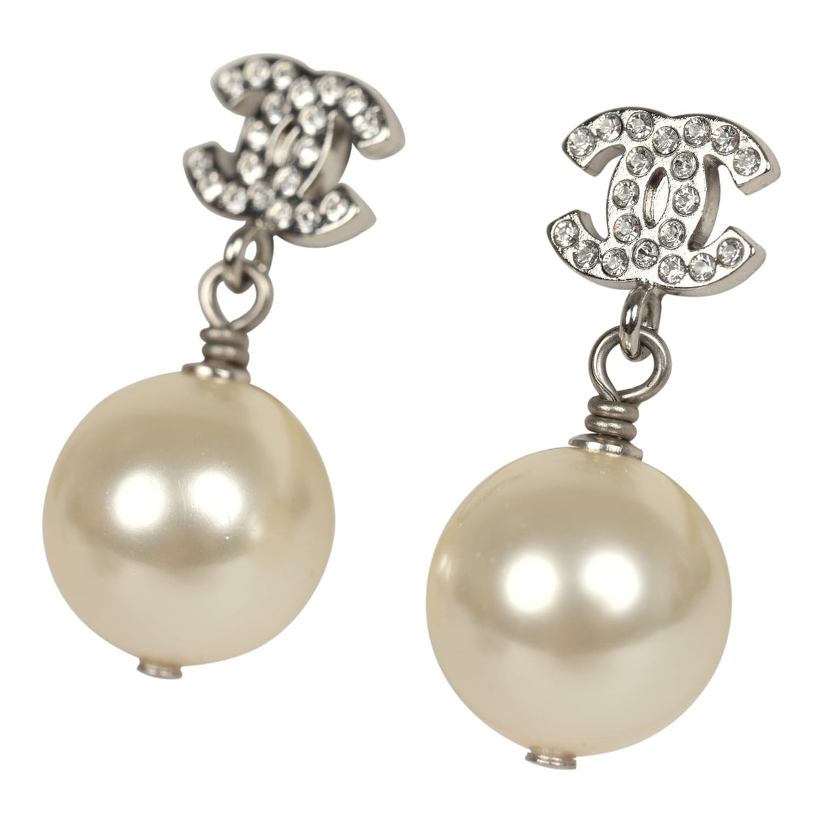 Pre-owned Chanel Small Crystal CC Pearl Drop Earrings Silver Tone Metal