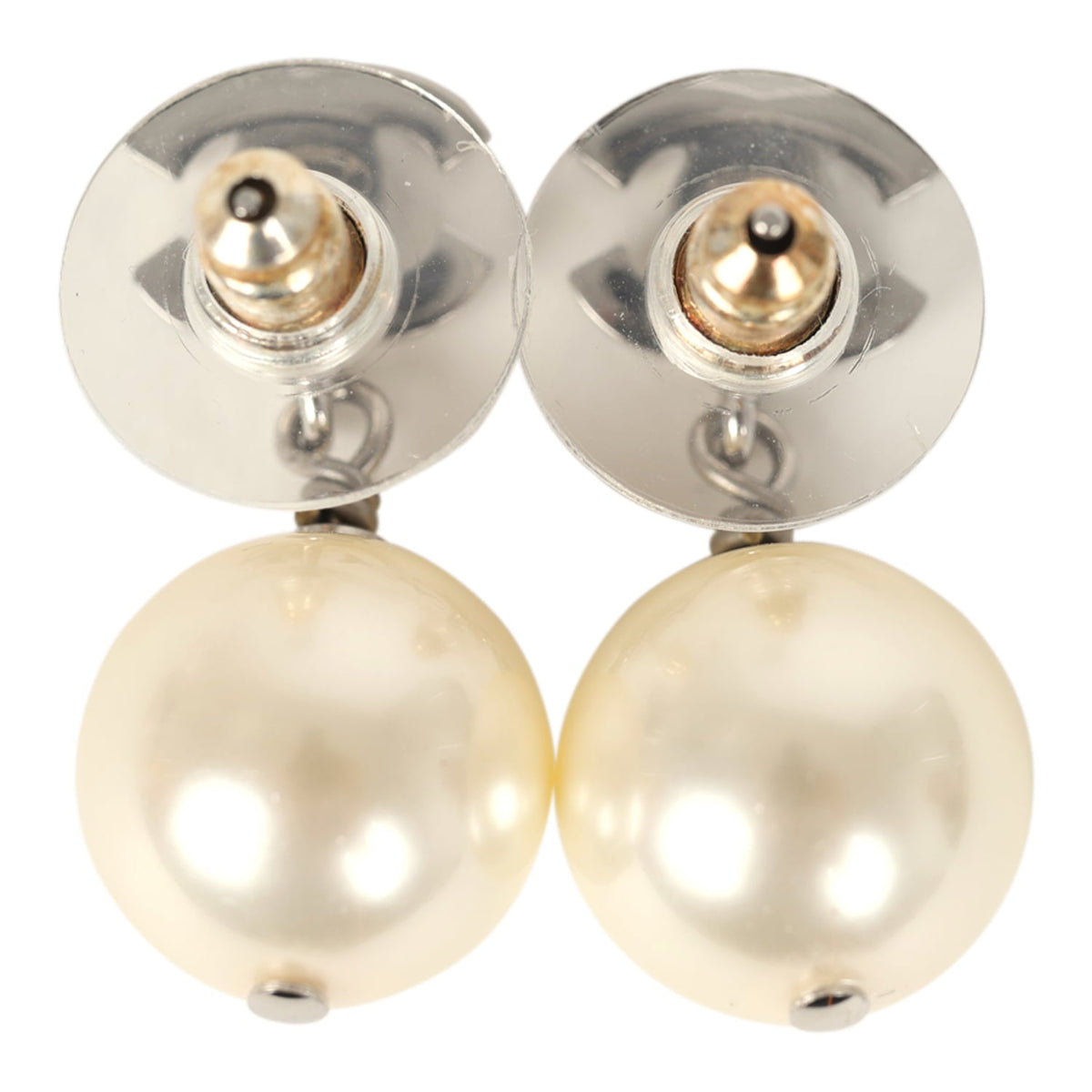 Pre-owned Chanel Small Crystal CC Pearl Drop Earrings Silver Tone Metal