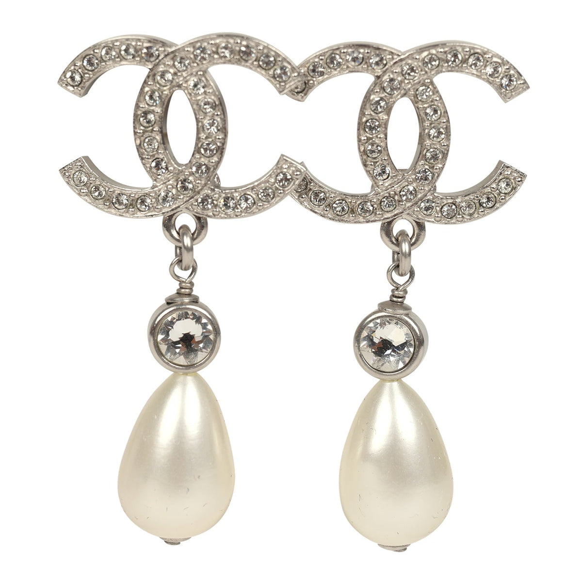 Pre-owned Chanel Large Crystal CC Pearl Drop Earrings Silver Tone Metal