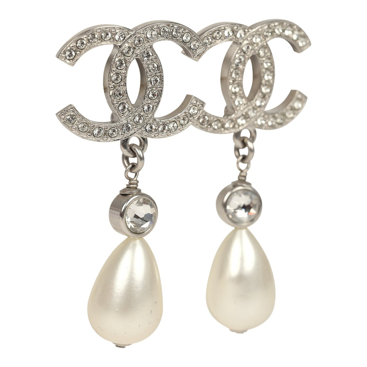 Pre-owned Chanel Large Crystal CC Pearl Drop Earrings Silver Tone Metal