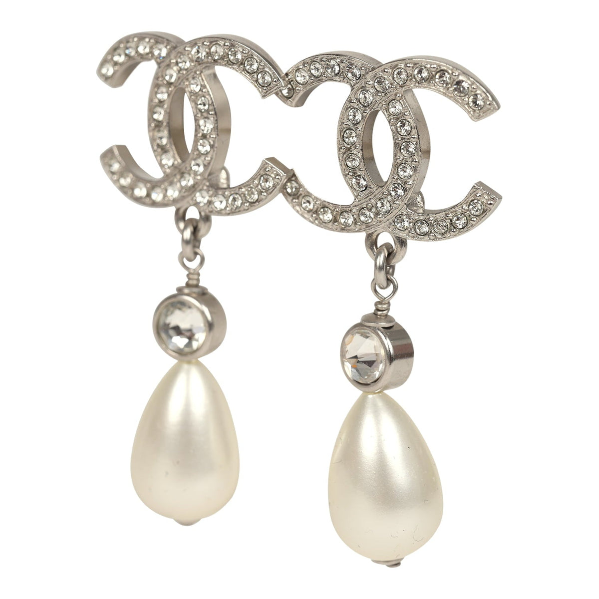 Pre-owned Chanel Large Crystal CC Pearl Drop Earrings Silver Tone Metal