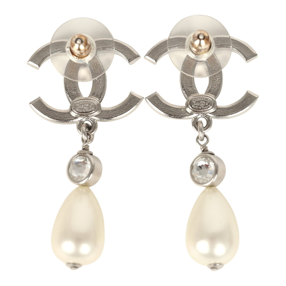 Pre-owned Chanel Large Crystal CC Pearl Drop Earrings Silver Tone Metal