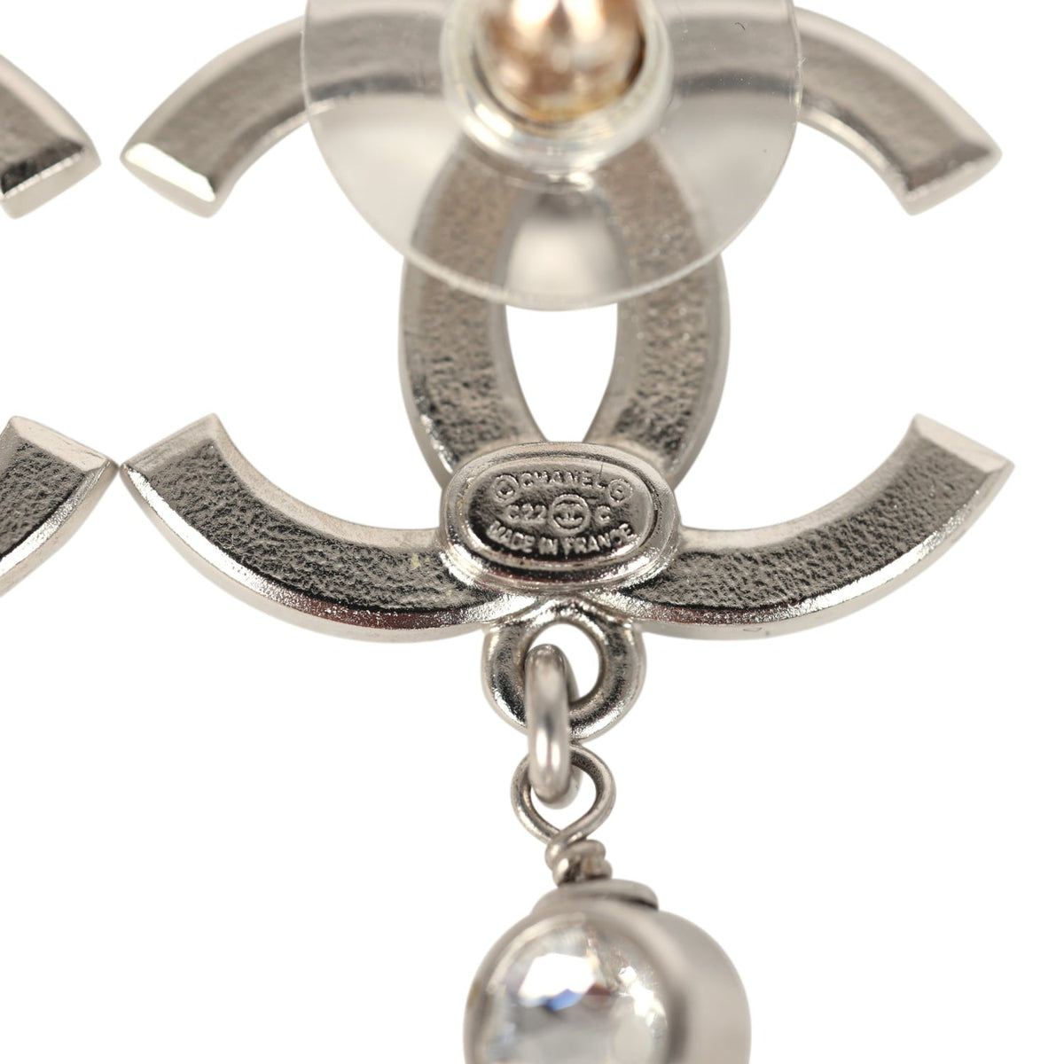 Pre-owned Chanel Large Crystal CC Pearl Drop Earrings Silver Tone Metal