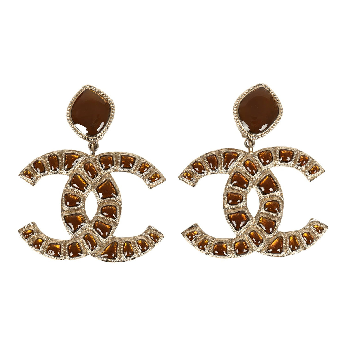 Chanel Large "Along the Nile" Egypt CC Drop Dangle Clip on Earrings Gold Resin Light Gold