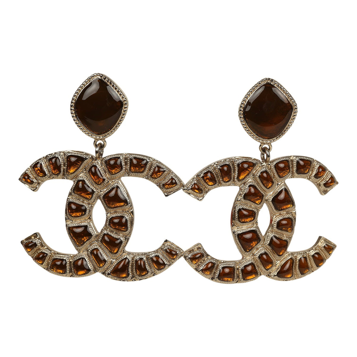 Chanel Large "Along the Nile" Egypt CC Drop Dangle Clip on Earrings Gold Resin Light Gold