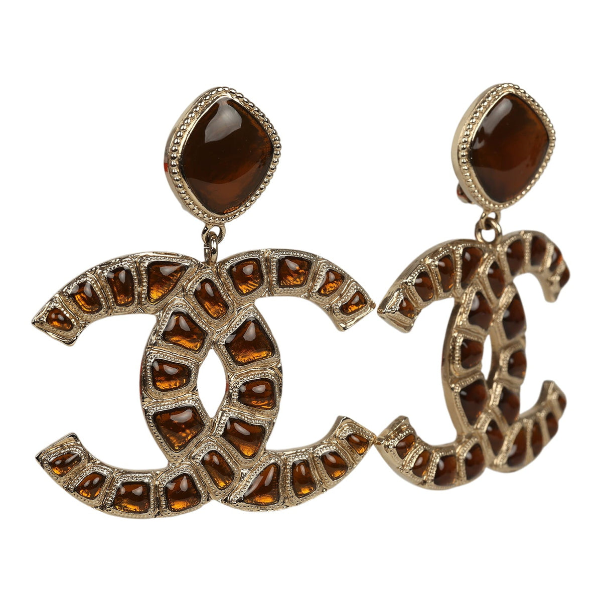 Chanel Large "Along the Nile" Egypt CC Drop Dangle Clip on Earrings Gold Resin Light Gold