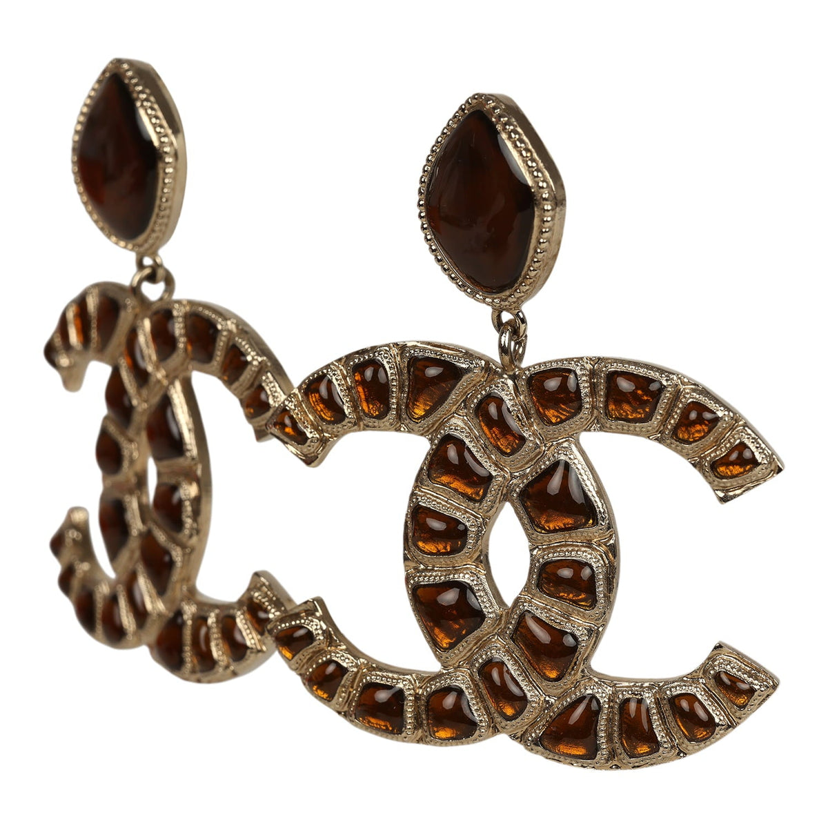 Chanel Large "Along the Nile" Egypt CC Drop Dangle Clip on Earrings Gold Resin Light Gold