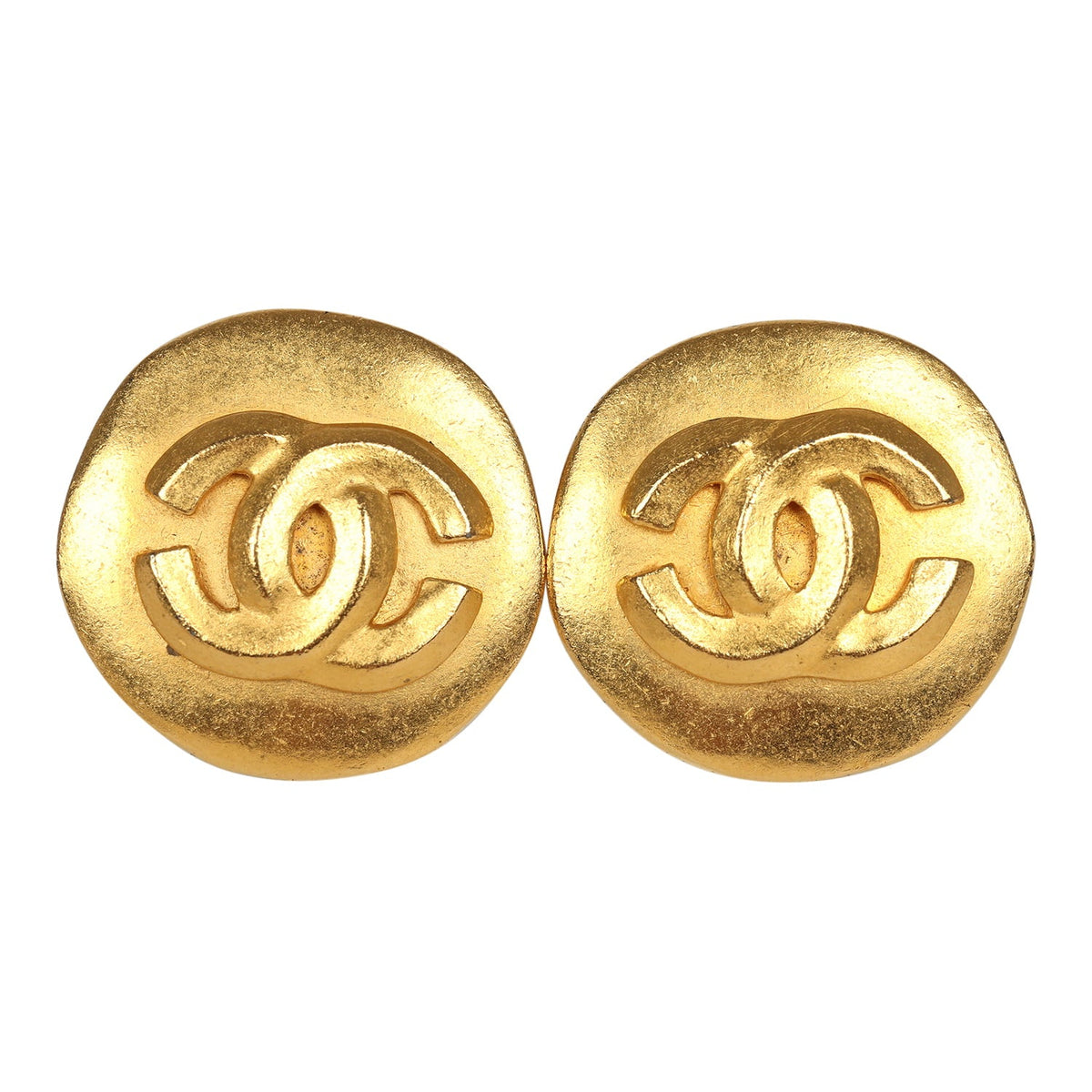 Vintage Chanel Small Round Hammered CC Earrings Gold Plated Hardware