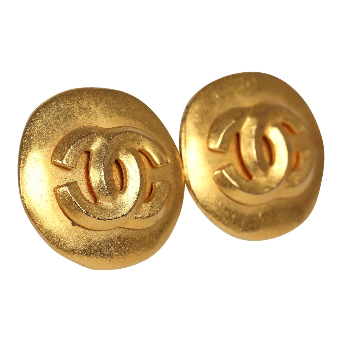 Vintage Chanel Small Round Hammered CC Earrings Gold Plated Hardware