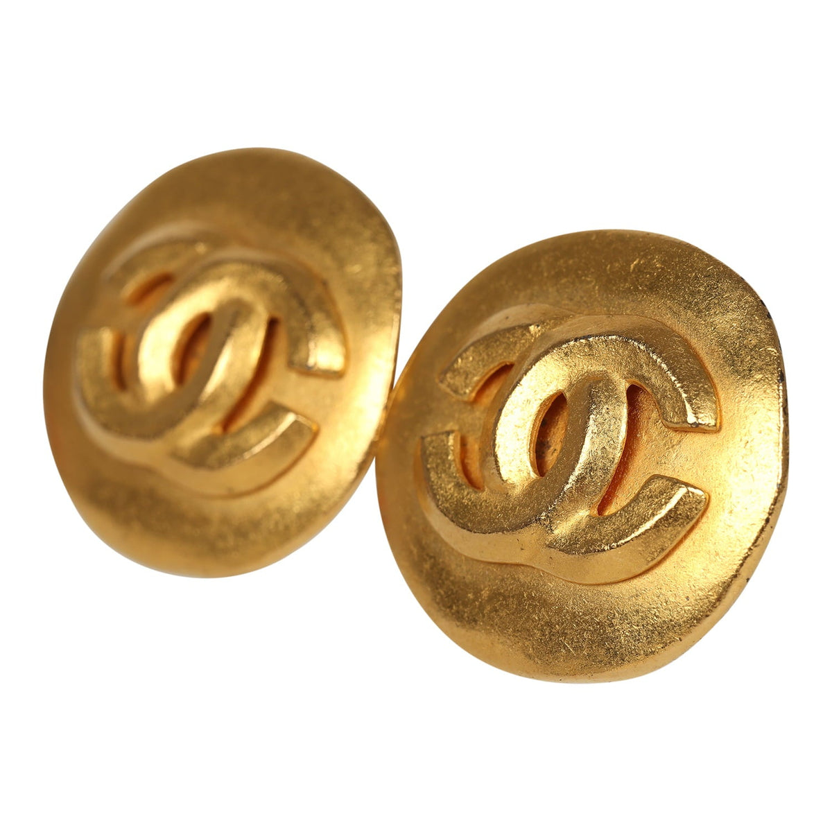 Vintage Chanel Small Round Hammered CC Earrings Gold Plated Hardware