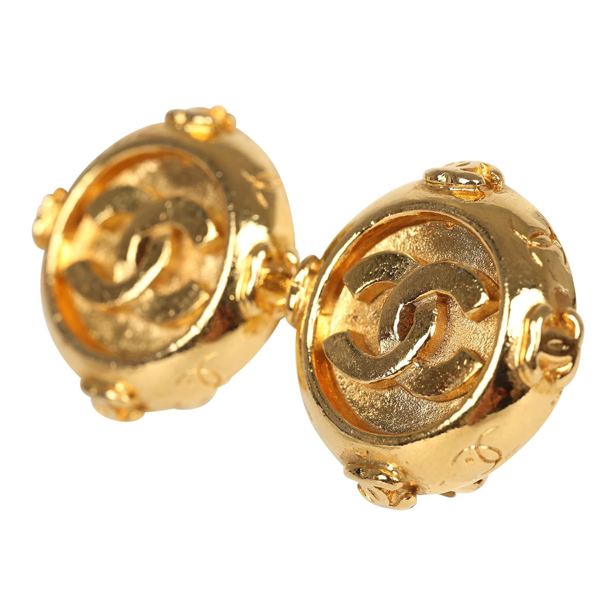 Vintage Chanel Small Round Border CC Clip On Earrings Gold Plated Hardware