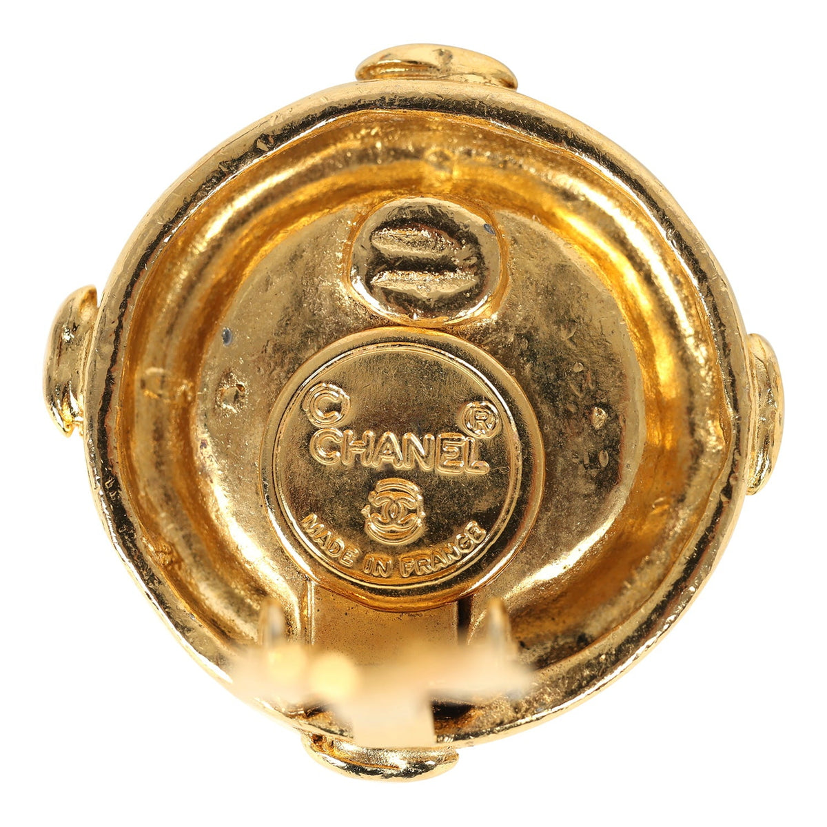 Vintage Chanel Small Round Border CC Clip On Earrings Gold Plated Hardware