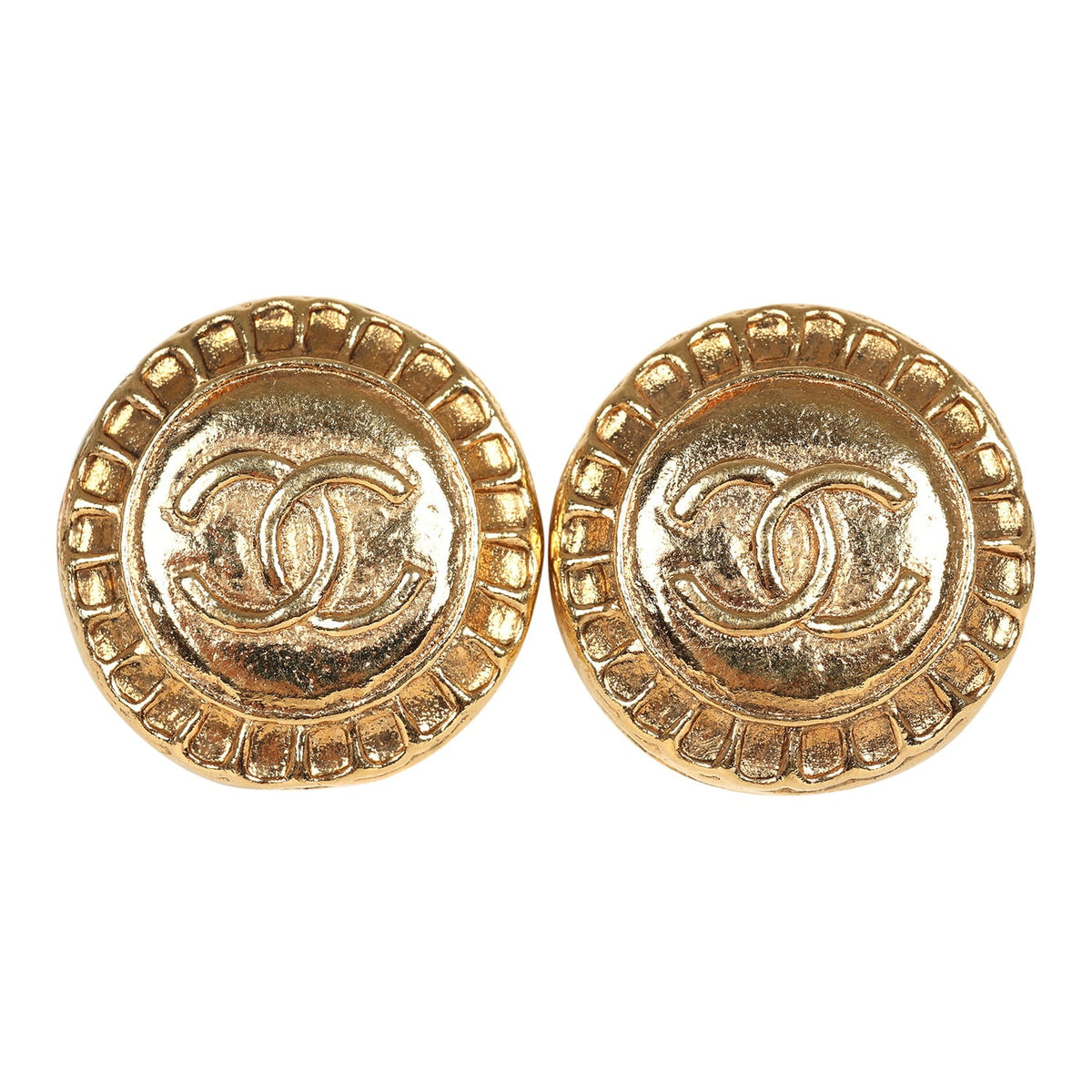 Vintage Chanel Small Round Sun Border CC Clip On Earrings Gold Plated Hardware