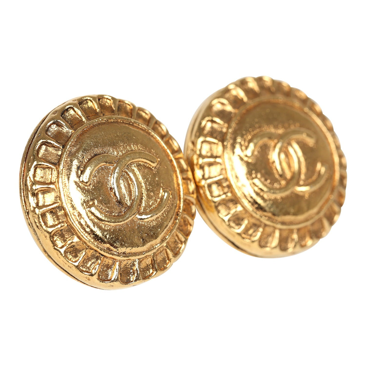 Vintage Chanel Small Round Sun Border CC Clip On Earrings Gold Plated Hardware