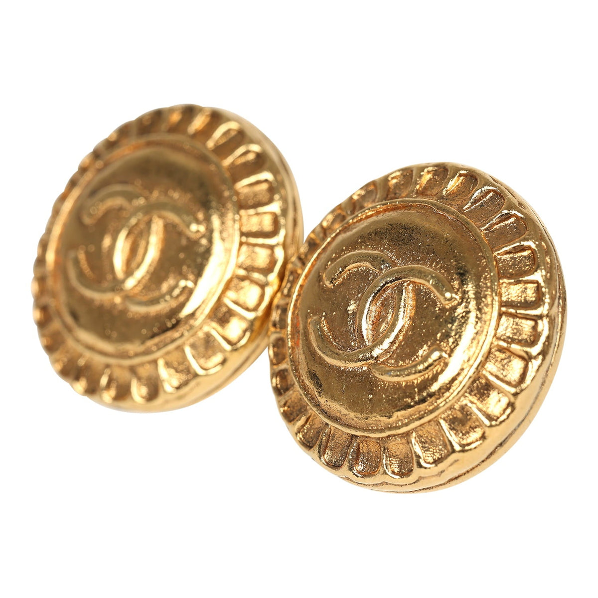 Vintage Chanel Small Round Sun Border CC Clip On Earrings Gold Plated Hardware