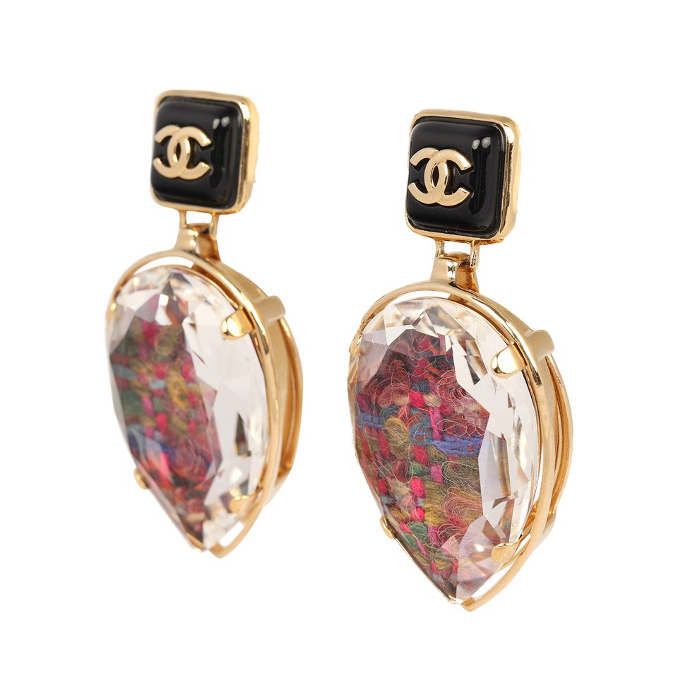 Chanel Tweed Drop Earrings Black Enamel Gold Tone Hardware