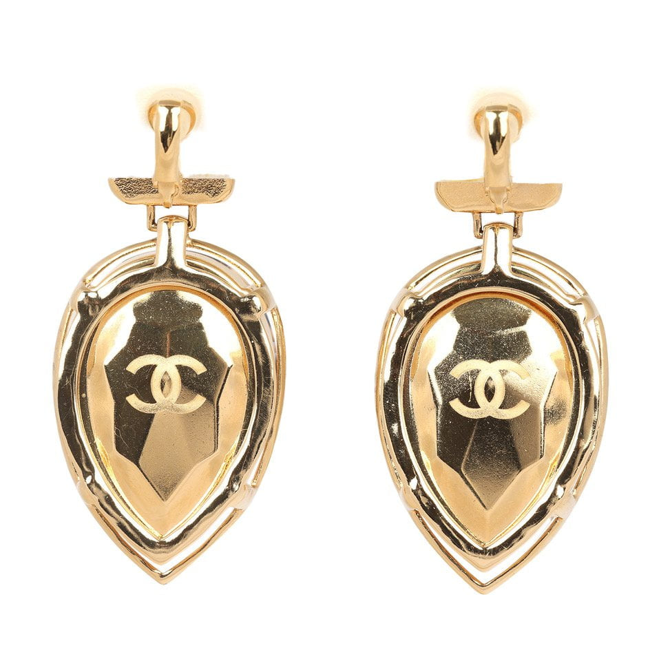 Chanel Tweed Drop Earrings Black Enamel Gold Tone Hardware