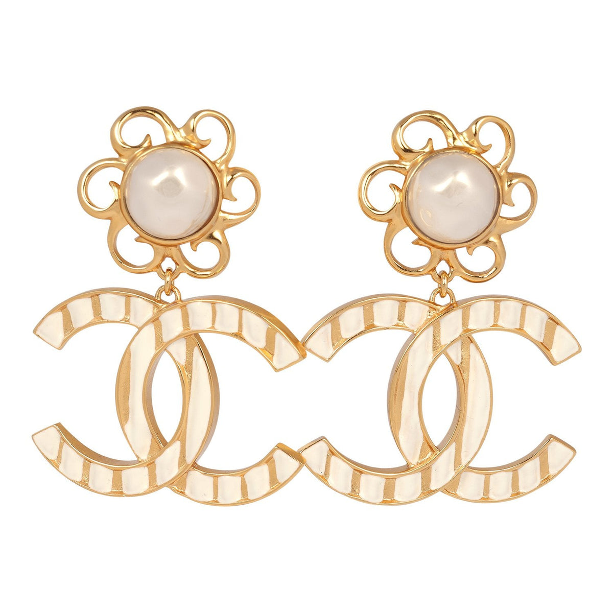 Chanel Resin Flower CC Drop Clip-On Earrings White Gold Tone Hardware
