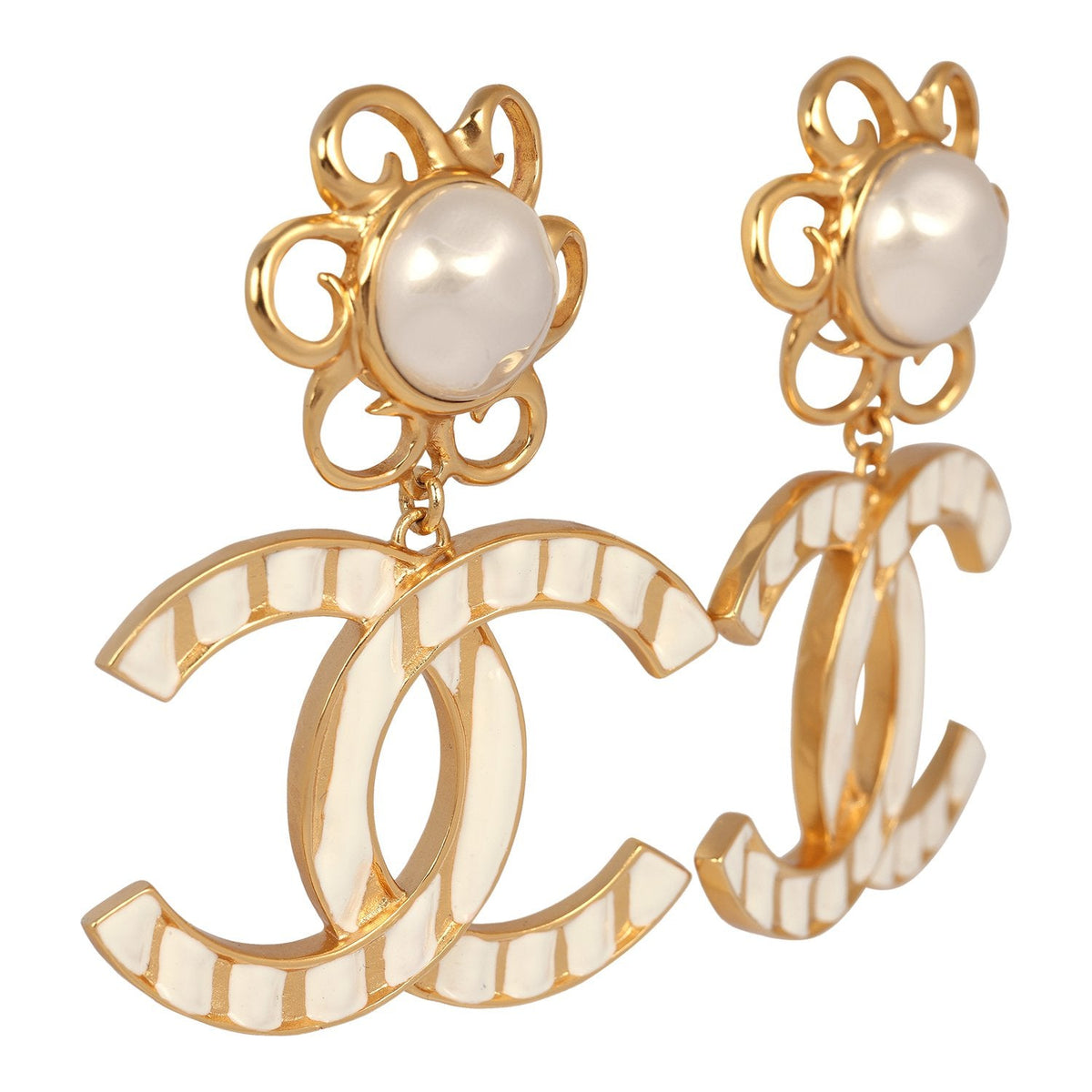 Chanel Resin Flower CC Drop Clip-On Earrings White Gold Tone Hardware