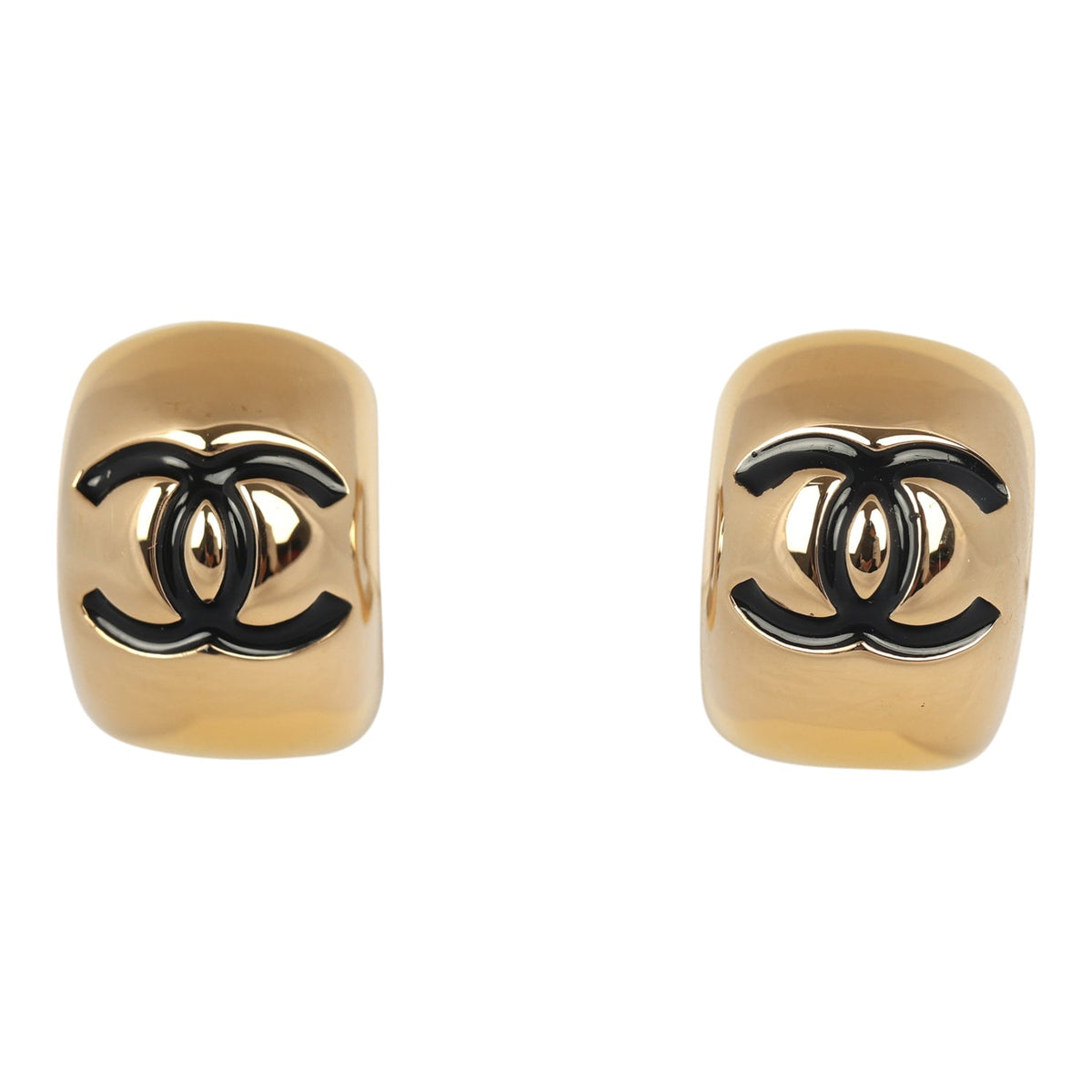 Chanel Mini CC Hoop Stud Earrings Black Resin, Gold Tone Hardware