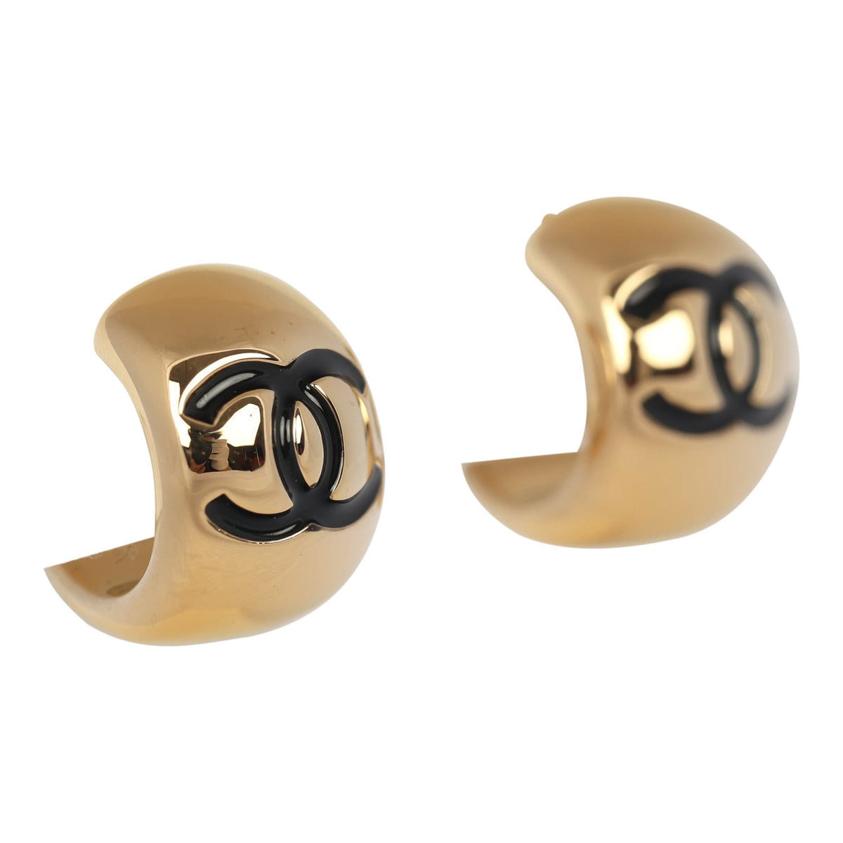 Chanel Mini CC Hoop Stud Earrings Black Resin, Gold Tone Hardware