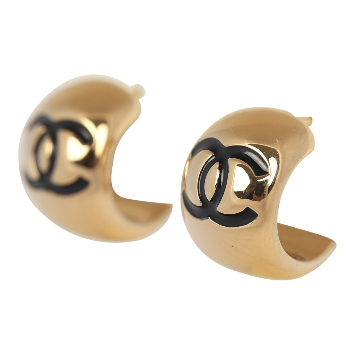 Chanel Mini CC Hoop Stud Earrings Black Resin, Gold Tone Hardware
