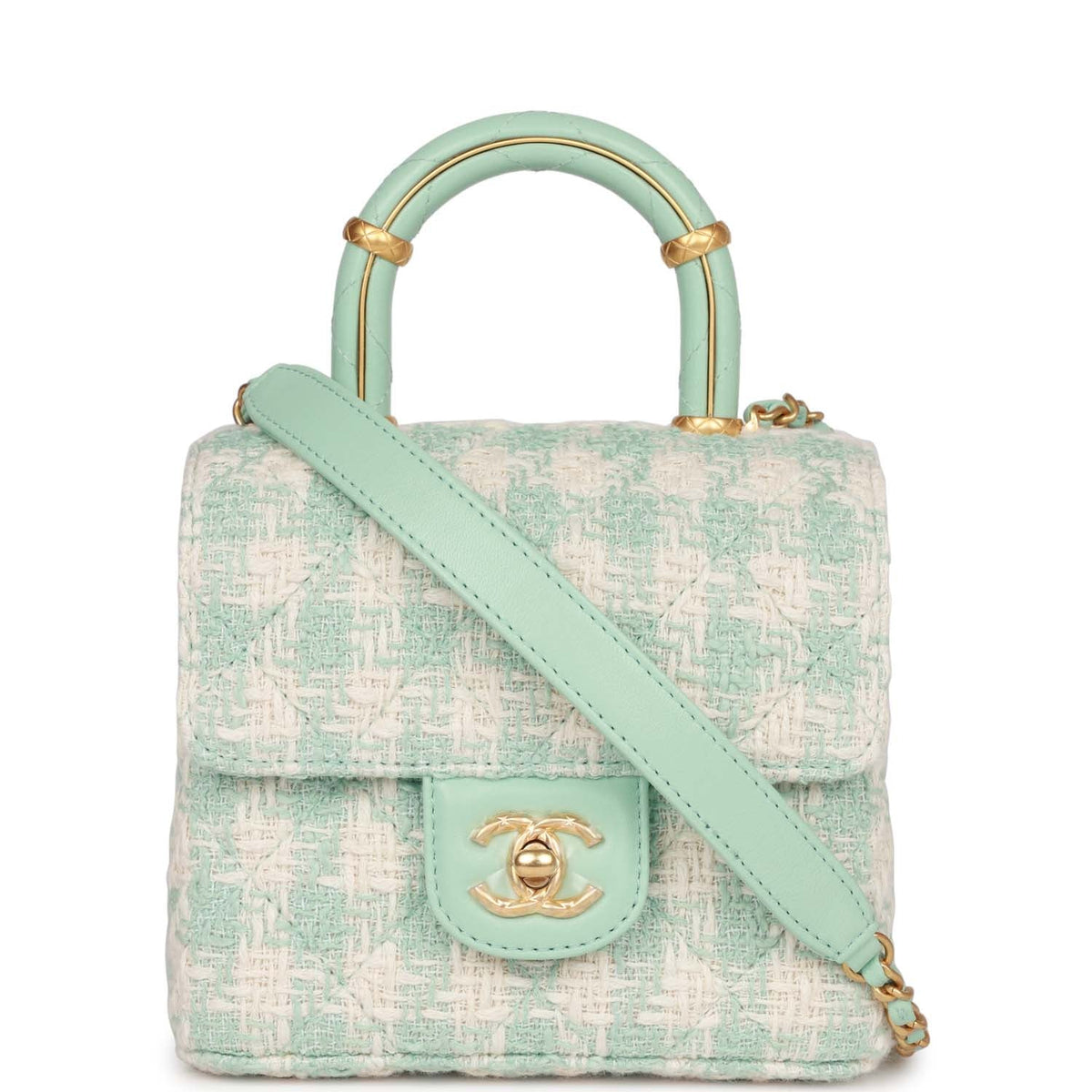 Chanel Mini Square Flap with Top Handle Turquoise, Ecru Tweed Antique Gold Hardware