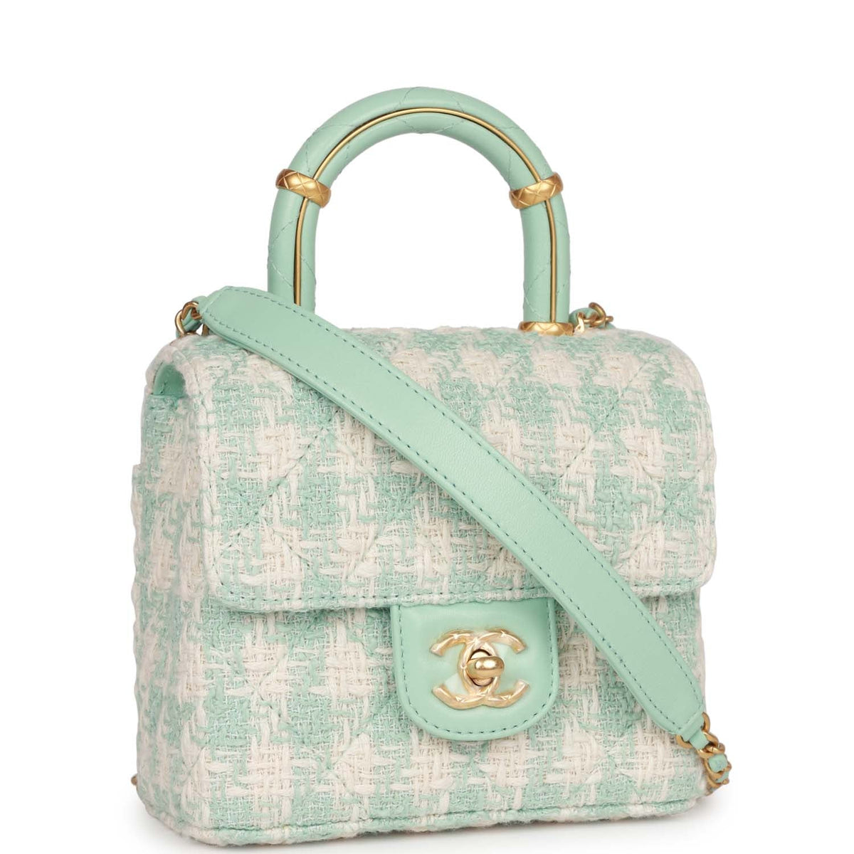 Chanel Mini Square Flap with Top Handle Turquoise, Ecru Tweed Antique Gold Hardware