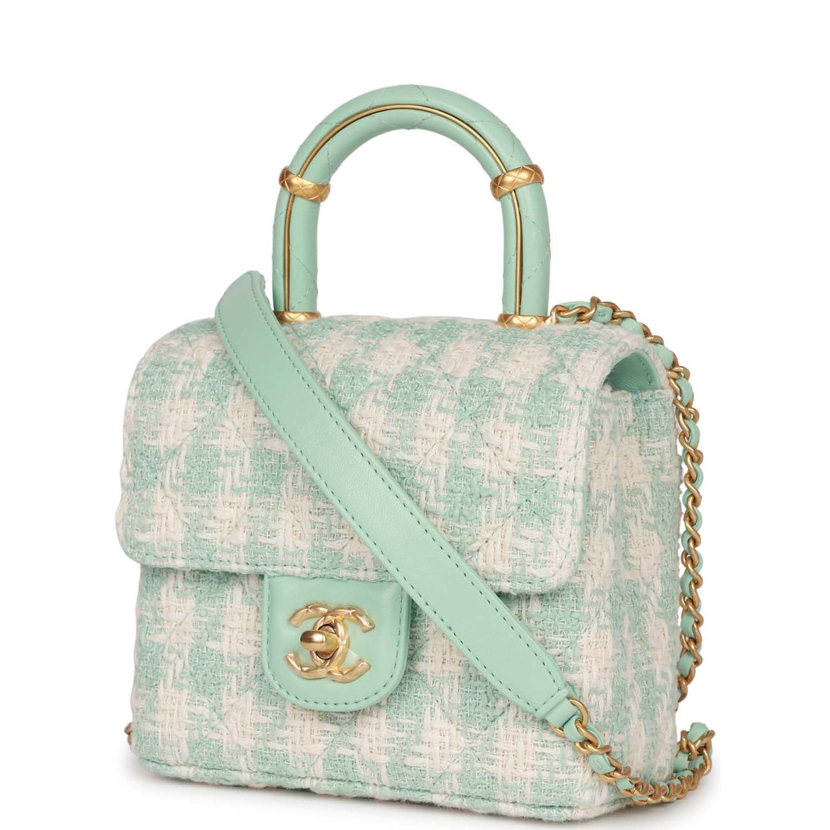 Chanel Mini Square Flap with Top Handle Turquoise, Ecru Tweed Antique Gold Hardware