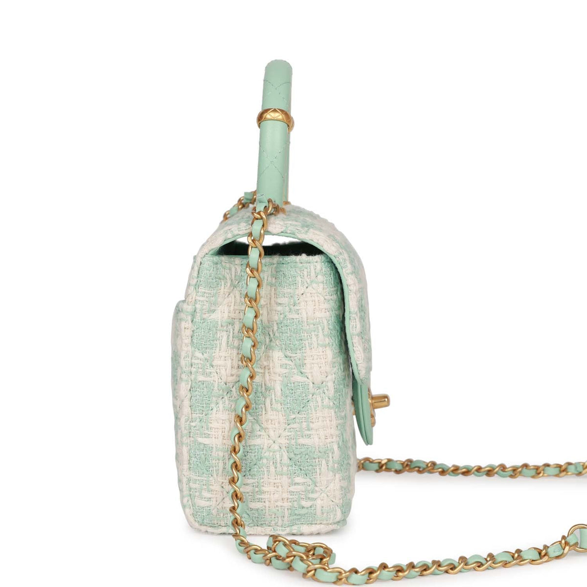 Chanel Mini Square Flap with Top Handle Turquoise, Ecru Tweed Antique Gold Hardware