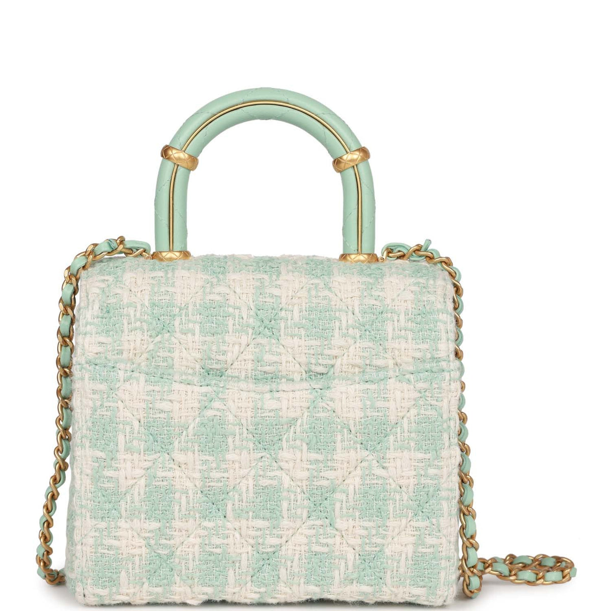 Chanel Mini Square Flap with Top Handle Turquoise, Ecru Tweed Antique Gold Hardware
