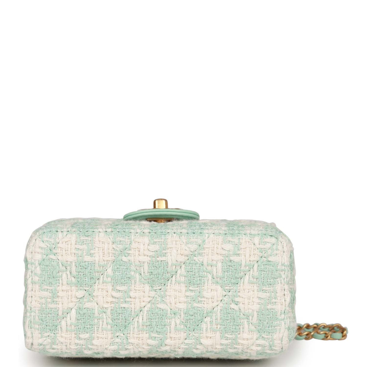 Chanel Mini Square Flap with Top Handle Turquoise, Ecru Tweed Antique Gold Hardware