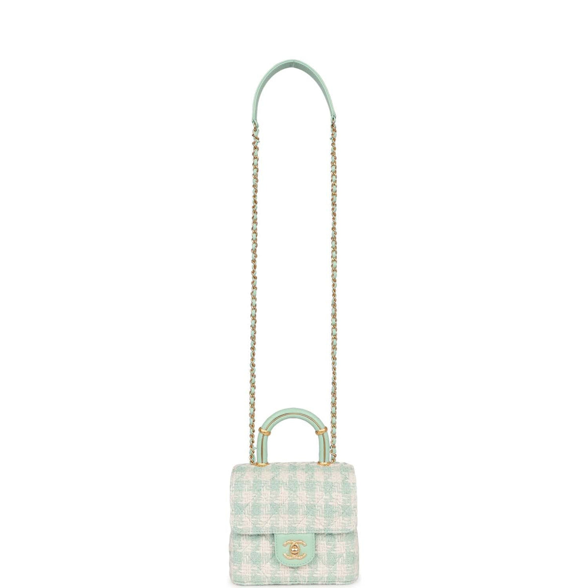 Chanel Mini Square Flap with Top Handle Turquoise, Ecru Tweed Antique Gold Hardware