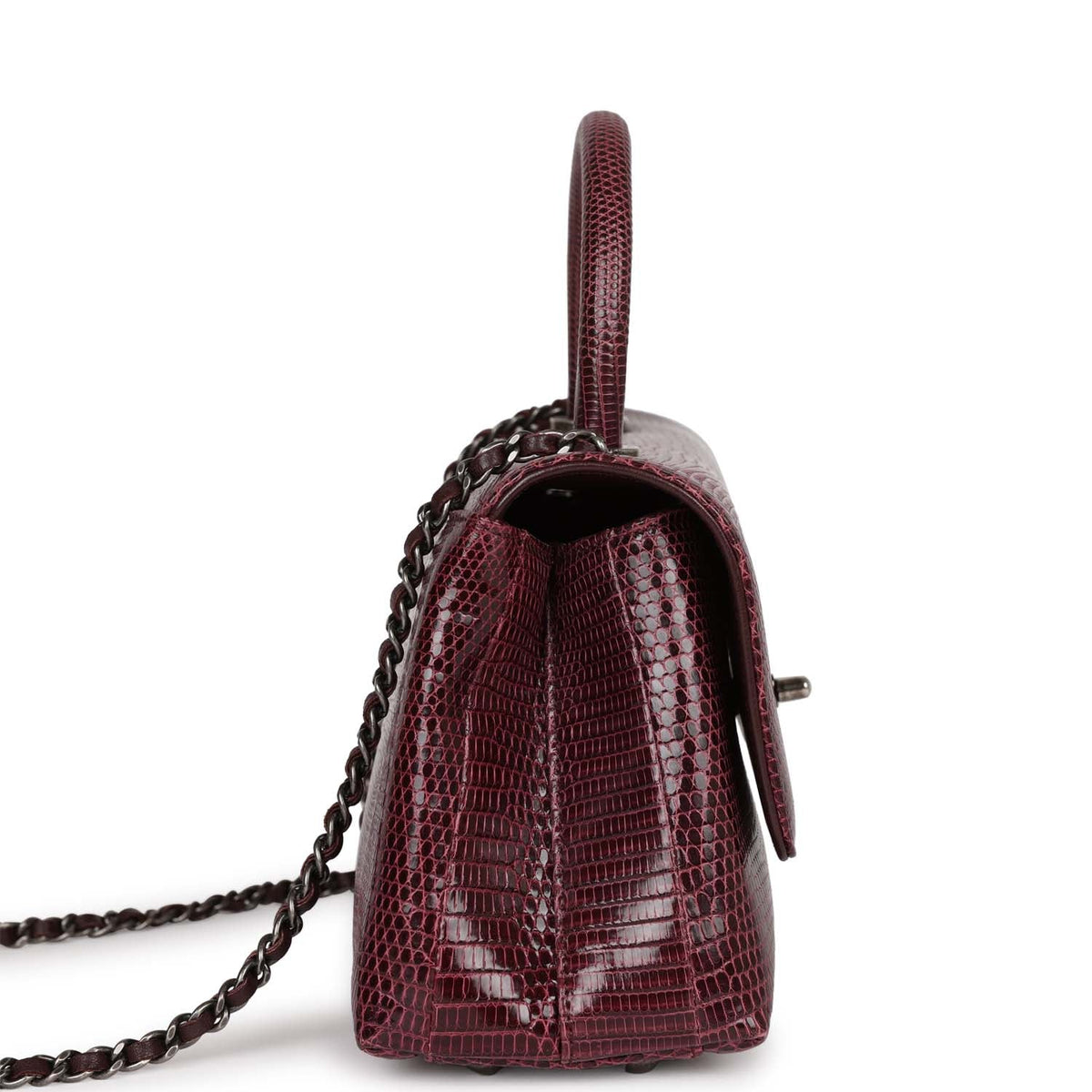 Pre-owned Chanel Mini Coco Handle Burgundy Lizard Ruthenium Hardware
