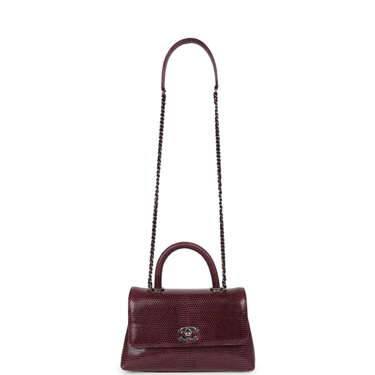 Pre-owned Chanel Mini Coco Handle Burgundy Lizard Ruthenium Hardware