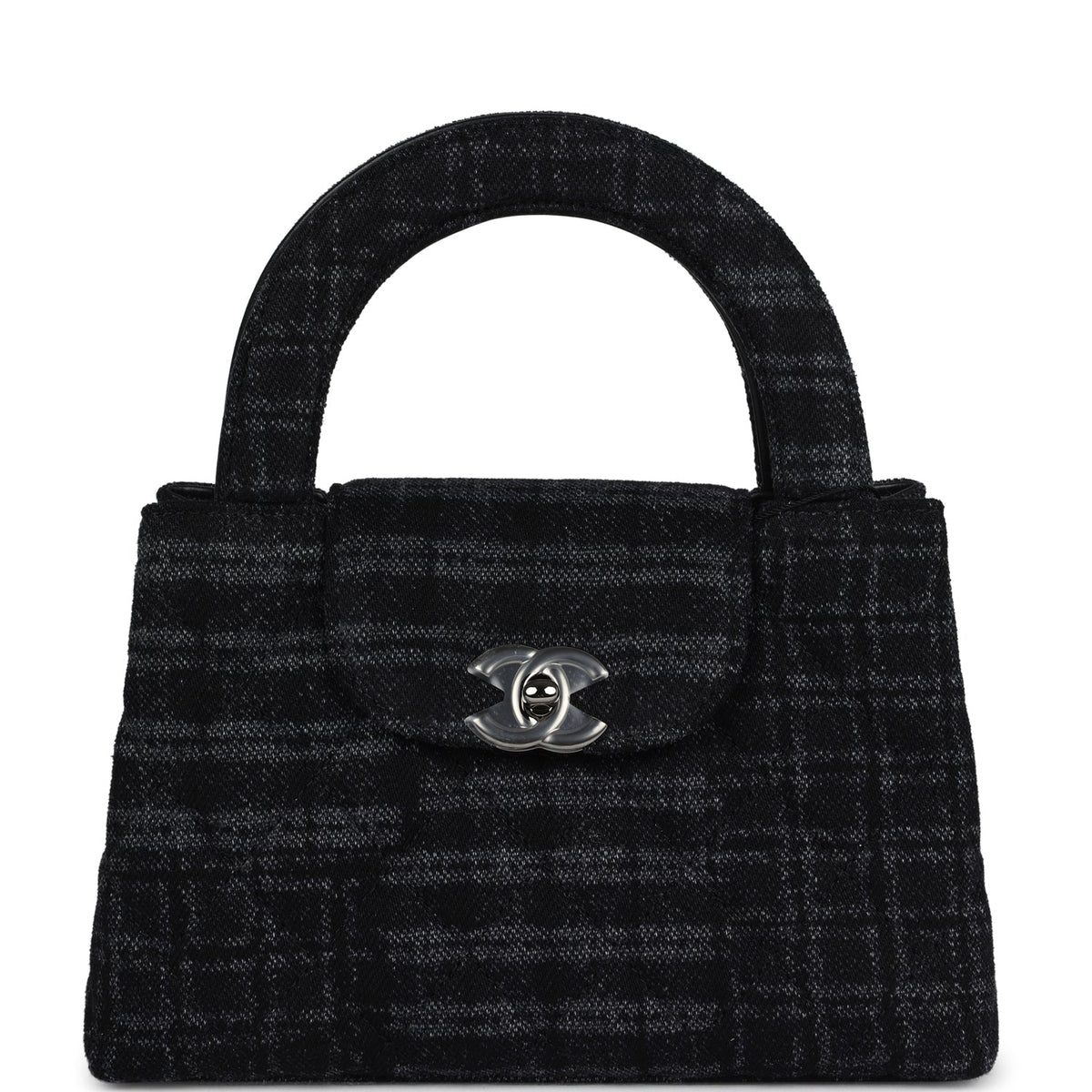 Chanel Small Kelly Shopper Dark Grey, Black Plaid Canvas Ruthenium Hardware
